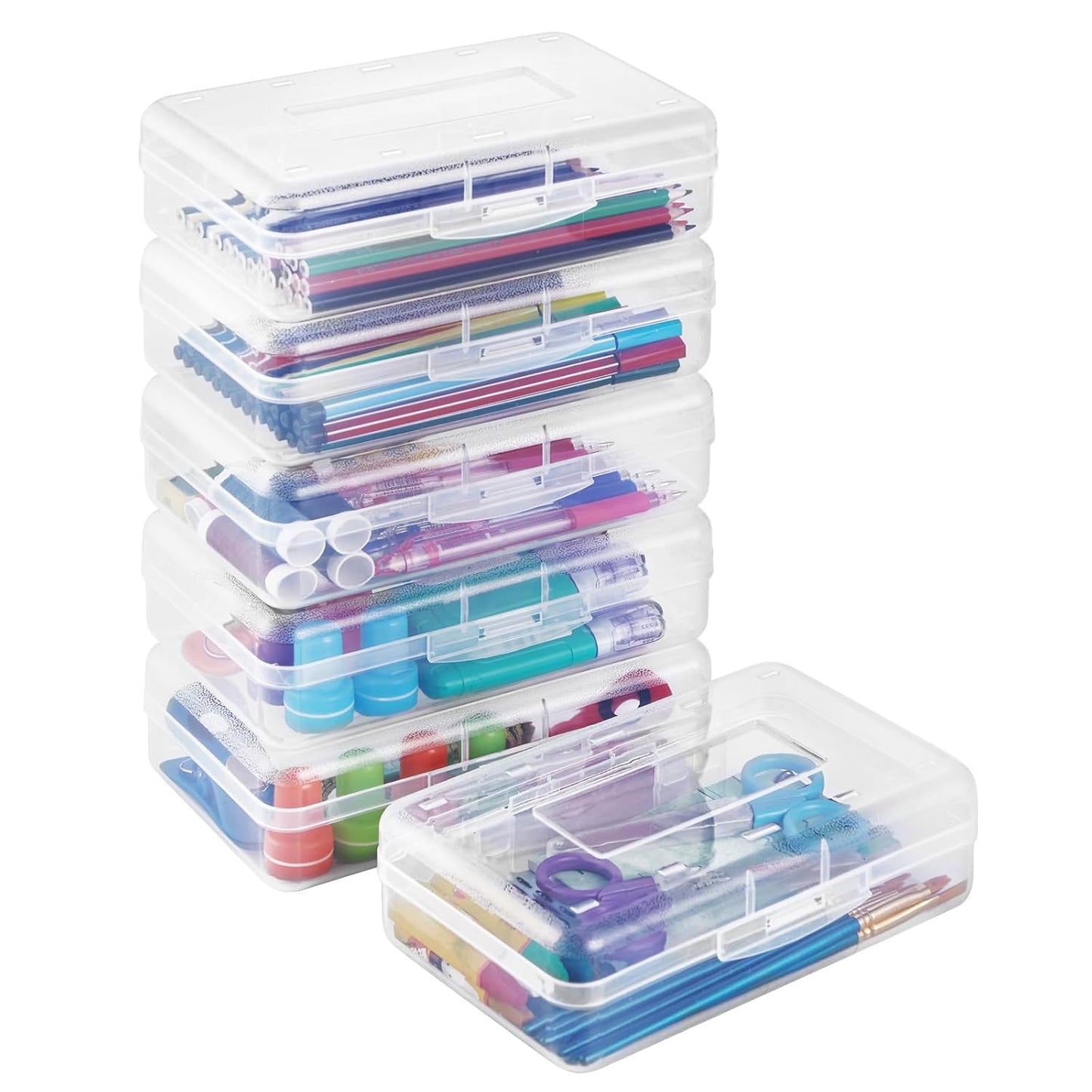 Sooez Plastic Pencil Case Box 6 Pack, Large Crayon Maker Pen Organizer | Plastic Containers with Snap Lids, Stackable Craft Storage Boxes Bulk, School Supplies Art Box for Bead, Clear