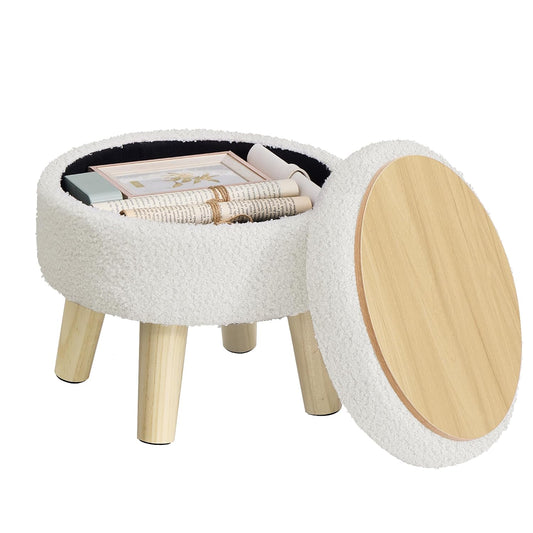 SONGMICS Storage Ottoman, Foot Stool, Foot Rest with Wood Legs | Small Table for Hallway, Living Room, 12.2 Inches, Teddy Fleece, White ULOM515WD01