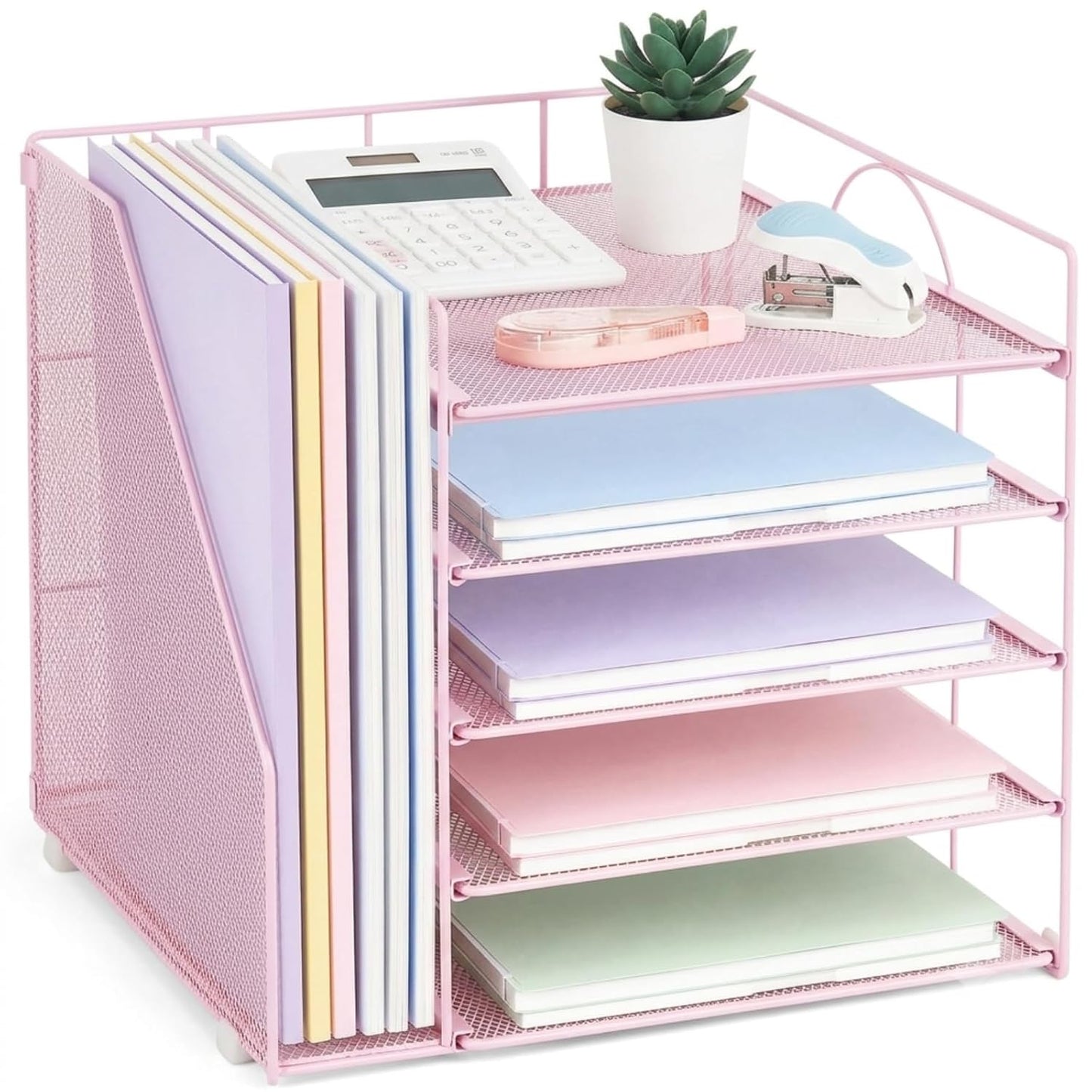 Desk Organizers and Accessories, 5-Tier Paper Letter Tray Organizer with File Holder, Desktop Organizer for Office Supplies (Pink)