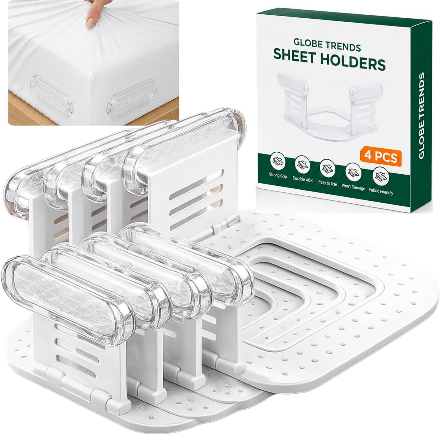 Upgraded Bed Sheet Holders for Corners, 4PCS Fitted Sheet Clips, Heavy Duty Sheet Straps, Bed Sheet Fasteners, Lock Sheet Holders Keep Sheets Firm & Tight, Fits Twin Full Queen King Mattresses