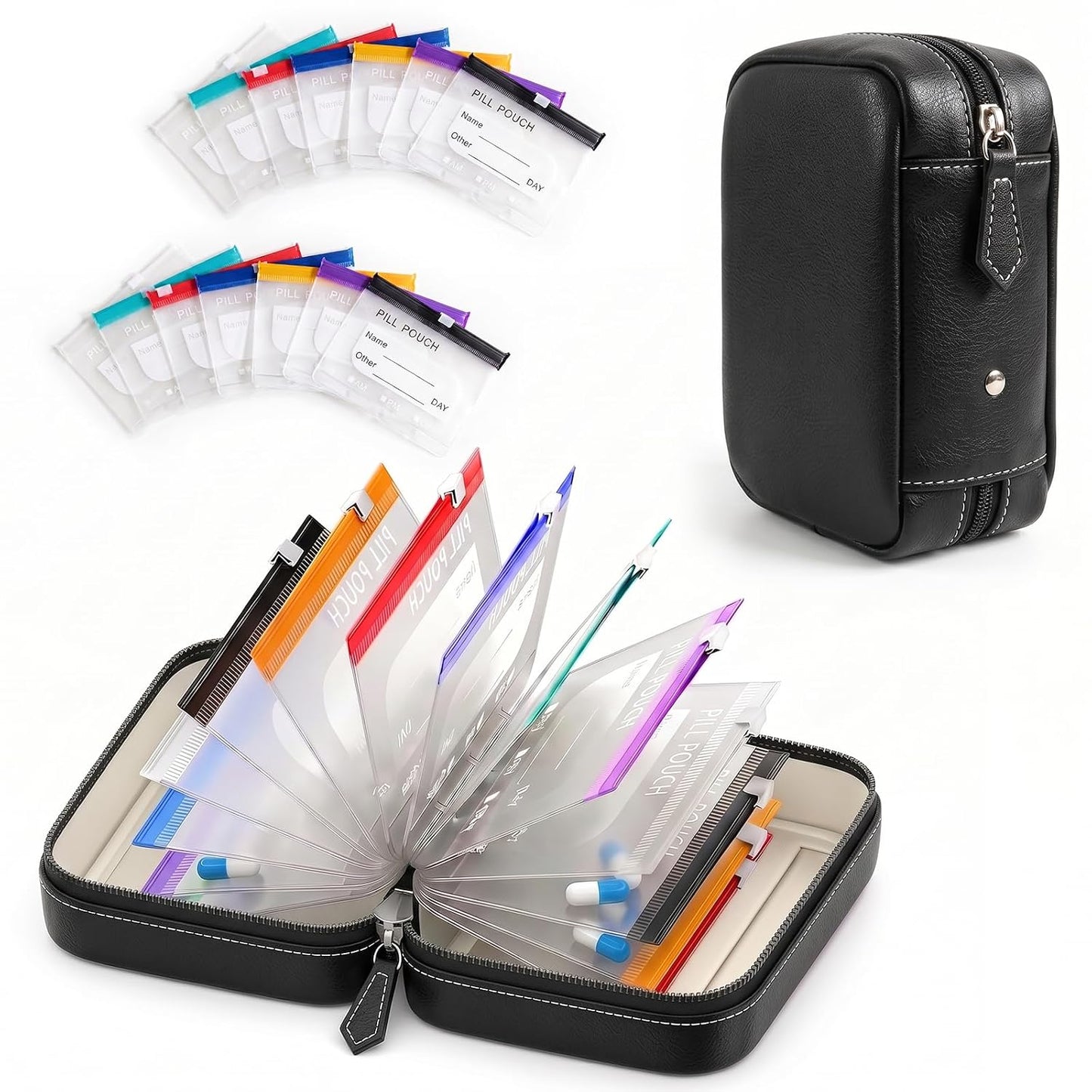 Waterproof Pill Organizer Set, 7-Day AM/PM Weekly Medication Case with 14 Pouches (7 Distinct Colors), Travel Waterproof Pill Pouch, BPA-Free Compact Zippered Storage Binder for Travel, Daily (Black)