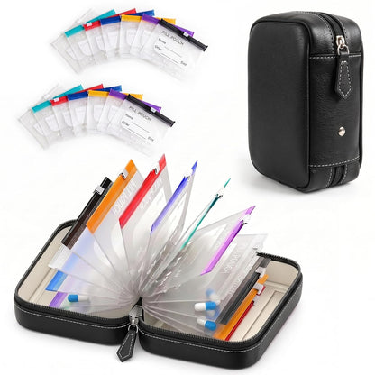 Waterproof Pill Organizer Set, 7-Day AM/PM Weekly Medication Case with 14 Pouches (7 Distinct Colors), Travel Waterproof Pill Pouch, BPA-Free Compact Zippered Storage Binder for Travel, Daily (Black)
