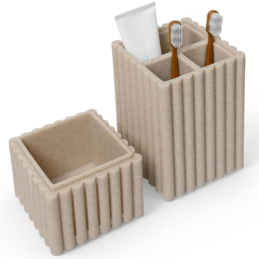 Home Stone Toothbrush Holder with Lid, Elegant Beige Bathroom Toothbrush & Toothpaste Organizer Modern Hidden Closed Toothbrush Holders for Bathrooms (Beige)