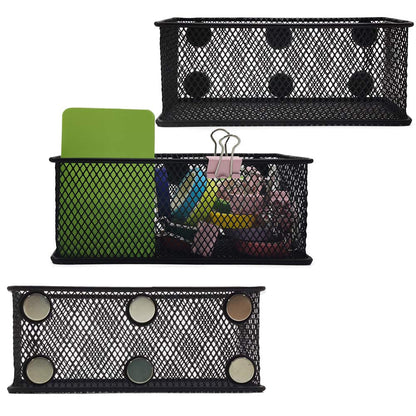 Magnetic Pencil Holder Set of 3 - Black Wire Mesh Storage Baskets Organizer with Strong Magnets - Perfect for Whiteboard, Refrigerator and Locker Accessories