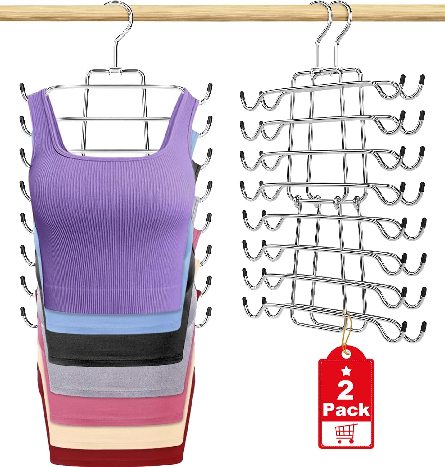2Pcs Tank Top Hangers Space Saving Hanger Organizer Bra Hangers Silver | 360° Rotating Metal Closet Organizers and Storage Lingerie Hangers for Tank Tops Cami Bras Belts Swimsuits Lingeries