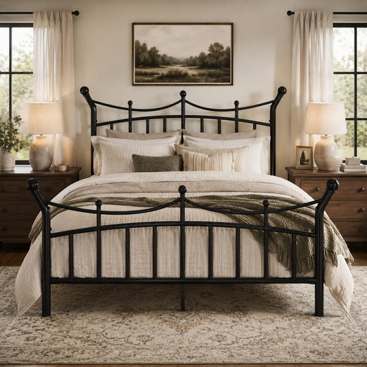 SHA CERLIN 14 Inch Queen Size Metal Bed Frame, Victorian Crown Style Platform Bed Frame with Headboard and Footboard, 12.6" Under-Bed Storage, No Box Spring Needed, Noise Free, Easy Assembly, Black
