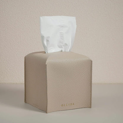 OLETHA Square Tissue Box Cover, Aesthetic Desk Decor, Light Taupe, 2 Pack | Faux leather tissue box holder for room, home, office; fits Kleenex & Puffs cube boxes; velcro base; easy swap; wipes clean