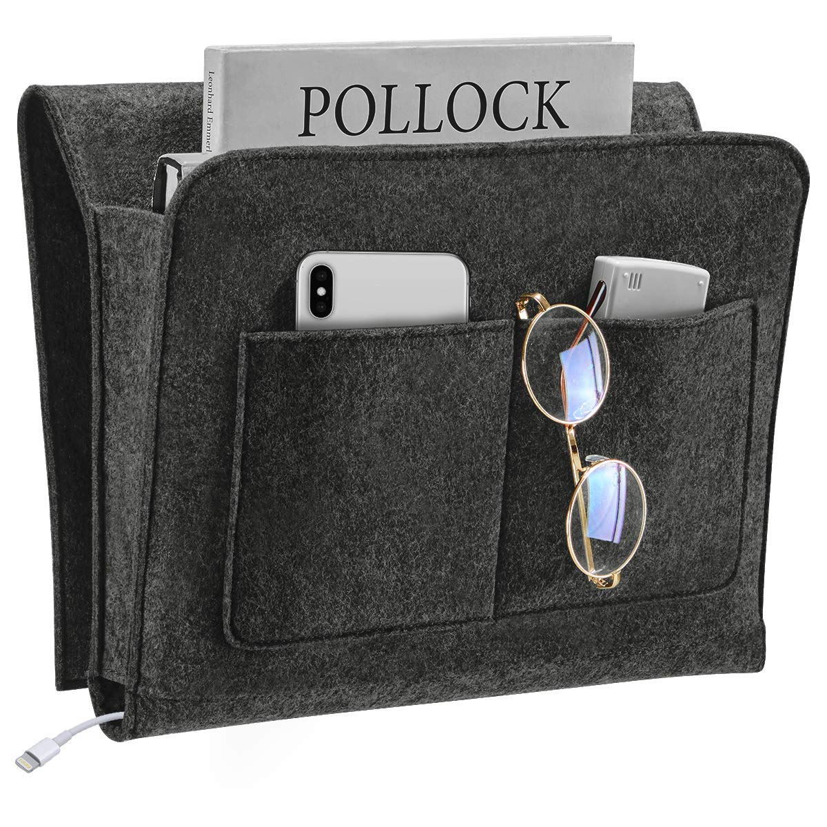 YOUDENOVA Bedside Caddy, Bedside Organizer for Dorm Room, Bunk Bed, Grey | Soft Felt Fabric Bed Caddy, Bedside Pocket, Remote Control Holder for Bedroom, Dorm, Bunk Bed & Sofa, Books, Phones & Glasses