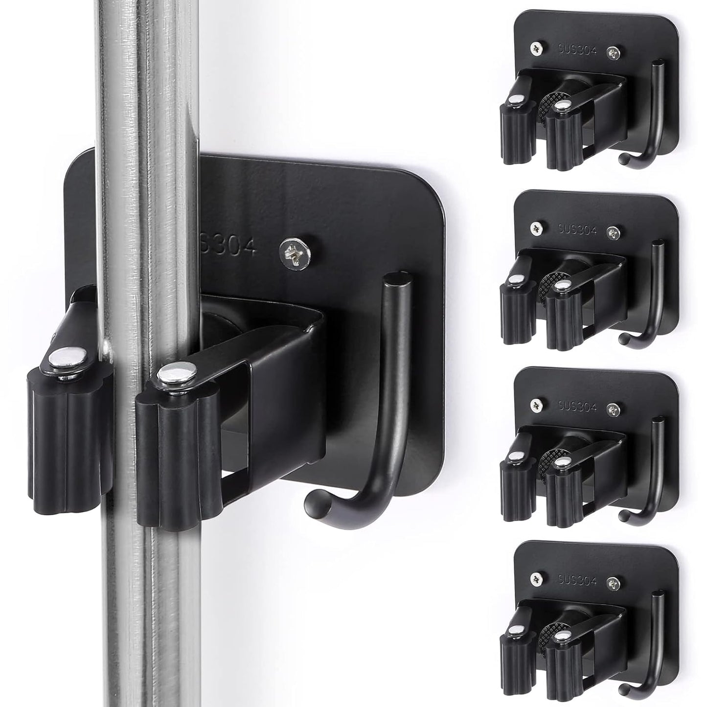 Stainless Steel Broom Holder, Heavy Duty, Rust Resistant, 4 Gripper Positions with 4 Hooks, Black | Drill-Mounted Gripper Rack Holds Brooms, Mops and Garden Tools Safely in the Laundry Room, Kitchen, Garage, Garden and Shed