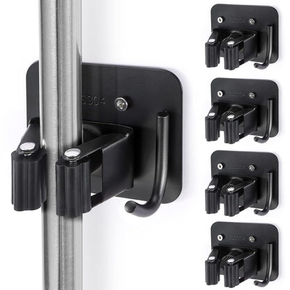 Stainless Steel Broom Holder, Heavy Duty, Rust Resistant, 4 Gripper Positions with 4 Hooks, Black | Drill-Mounted Gripper Rack Holds Brooms, Mops and Garden Tools Safely in the Laundry Room, Kitchen, Garage, Garden and Shed