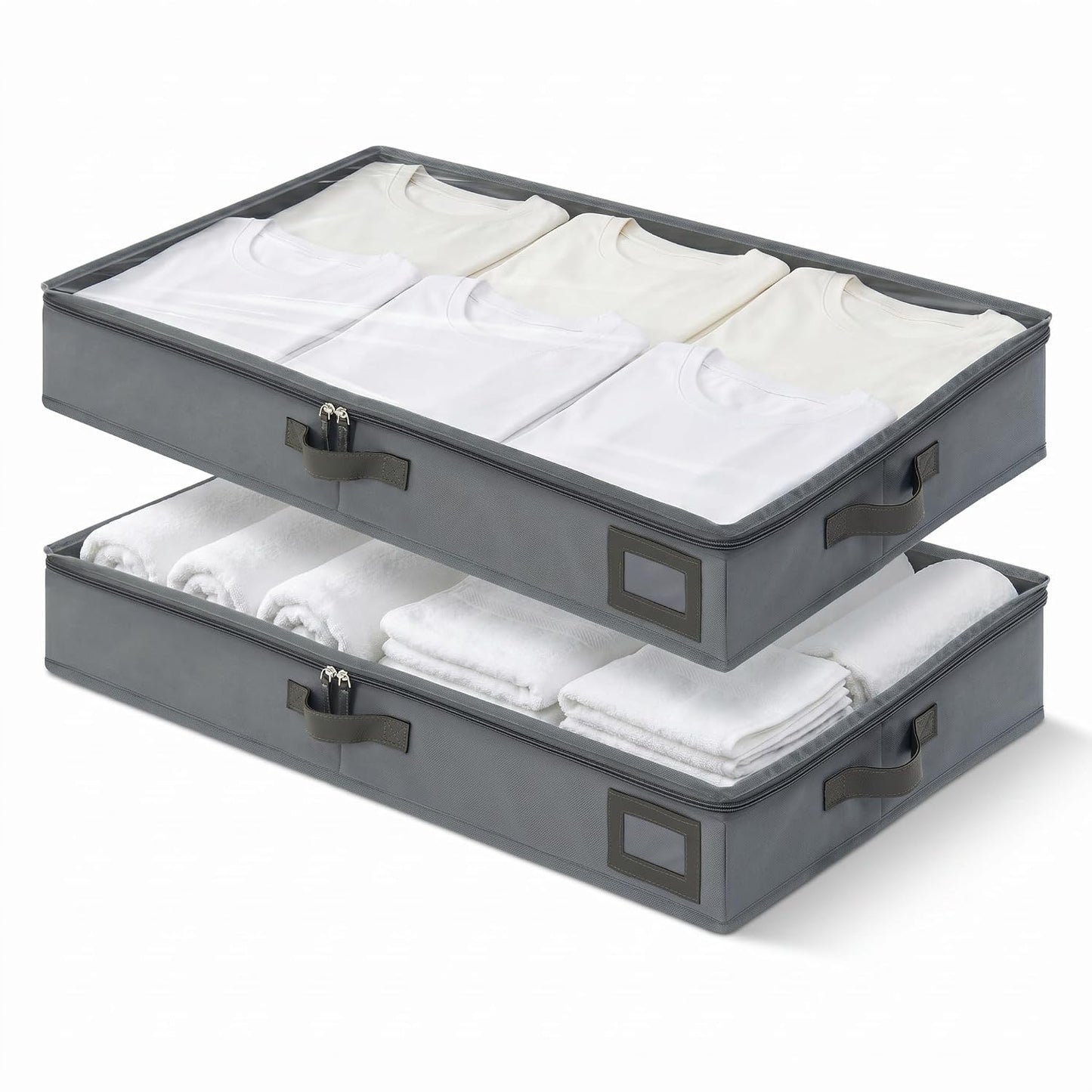 4" Low Profile Under Bed Storage Bins (2-Pack, Grey), Slim 600D Oxford Fabric Clothes Organizer Box with Reinforced Leather Handles, Sturdy Clear Lid