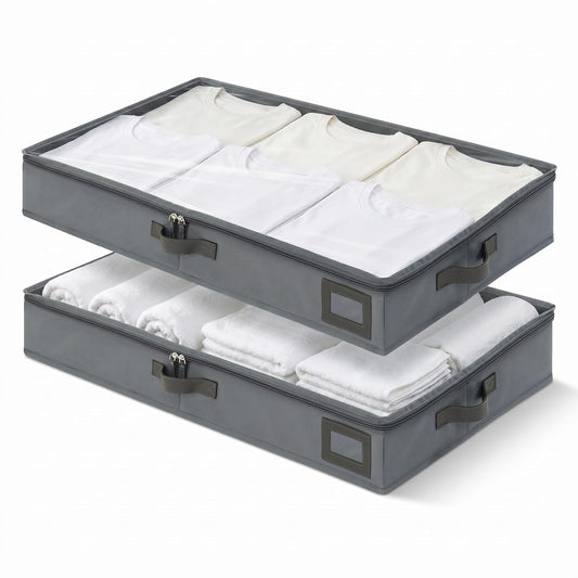 4" Low Profile Under Bed Storage Bins (2-Pack, Grey), Slim 600D Oxford Fabric Clothes Organizer Box with Reinforced Leather Handles, Sturdy Clear Lid