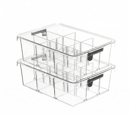 Socks Bra Underwear Drawer Organizer for Closet, 2 PCS Plastic Storage Box with 9 Removable Compartments and Lid, Clear Dresser Drawer Organizer Storage Container with Dividers for Sock Ties Belts