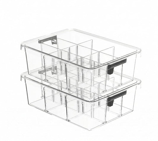 Socks Bra Underwear Drawer Organizer for Closet, 2 PCS Plastic Storage Box with 9 Removable Compartments and Lid, Clear Dresser Drawer Organizer Storage Container with Dividers for Sock Ties Belts