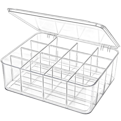 Adjustable Sock Underwear Drawer Organizer Dividers, 16 Grid Clear Tea Bag Holder with Lid, Removable Divided Tie Organizer Box, Plastic Storage Bin for Scarves Bras