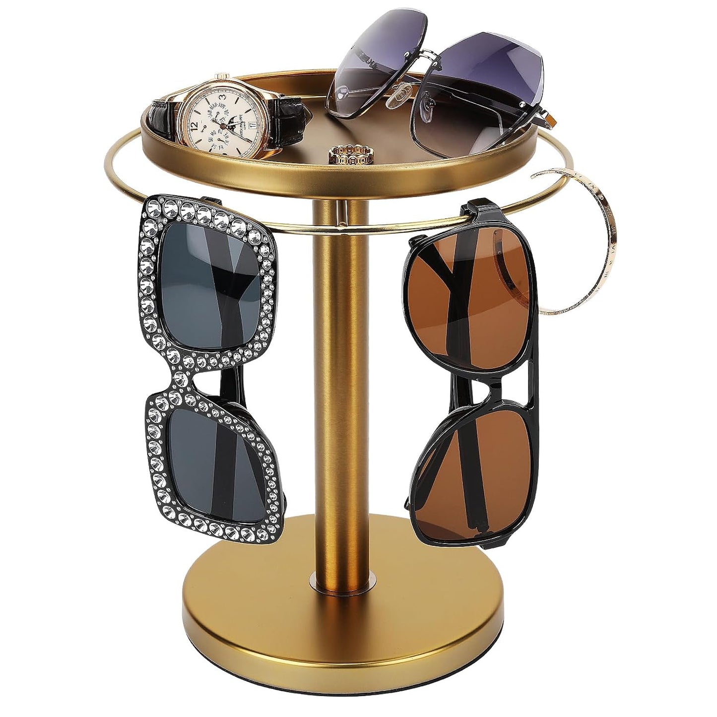 360° Rotating Sunglass Organizer Storage, Stainless Steel Glasses Holder Stand, Glasses Organizer with Tray for Desk, Dresser, Tabletop, Nightstand and Home Decor (Gold)