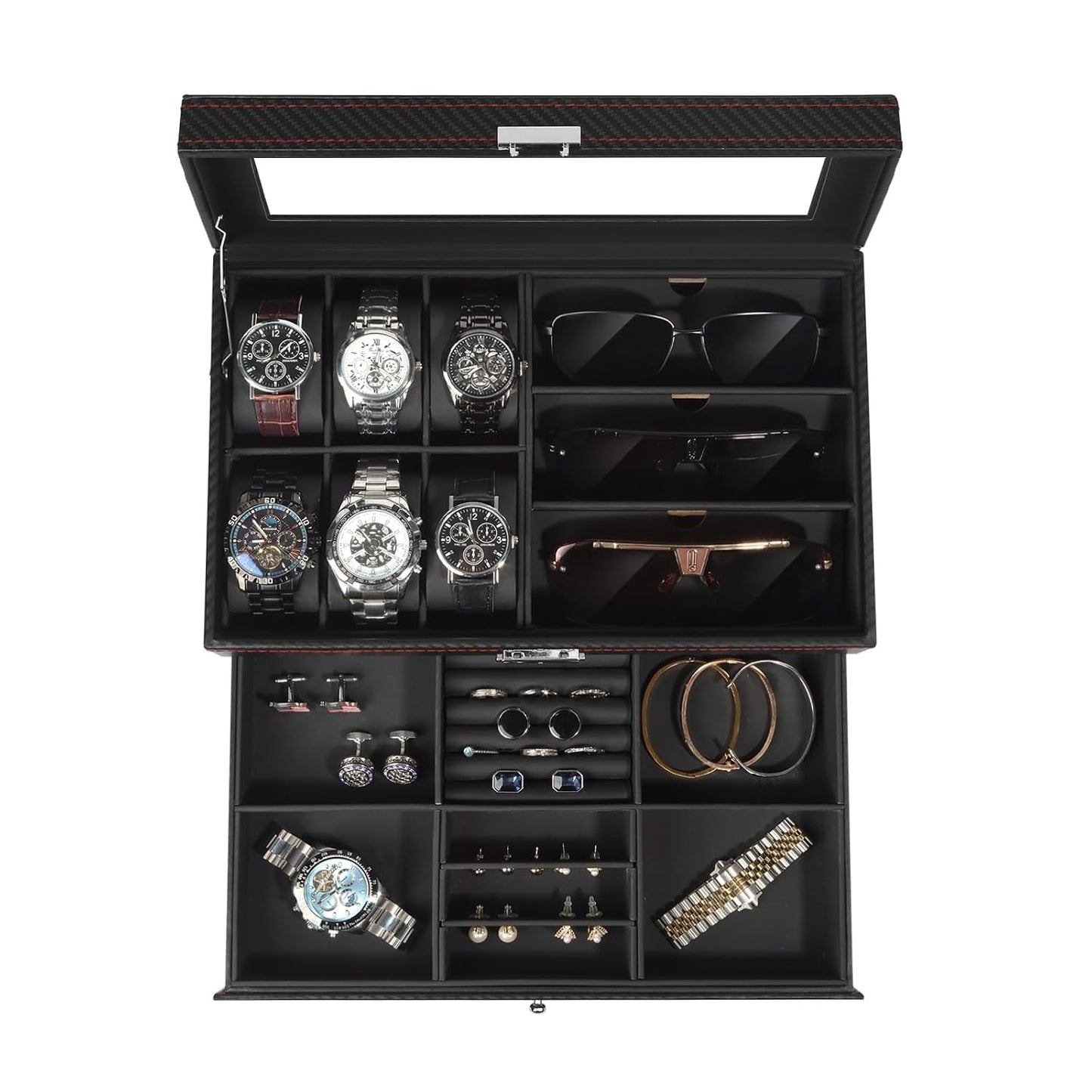 Jewelry Box for Men, 6 Slot Watch Box Jewelry Organizer With Drawer, Watch Case for Men with Large Window, 2-Layer Watch Holder, Sunglasses Storage Organizer, Velvet Lining, Fathers Day Gift