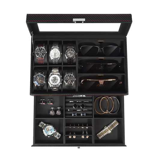 Jewelry Box for Men, 6 Slot Watch Box Jewelry Organizer With Drawer, Watch Case for Men with Large Window, 2-Layer Watch Holder, Sunglasses Storage Organizer, Velvet Lining, Fathers Day Gift
