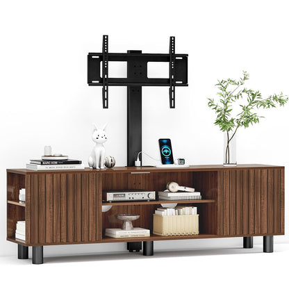 TV Stand with Mount for 65-75 Inch TV, Fluted Walnut Media Console | Modern entertainment center with power outlet, adjustable mount, textured fluted doors and spacious storage for living room