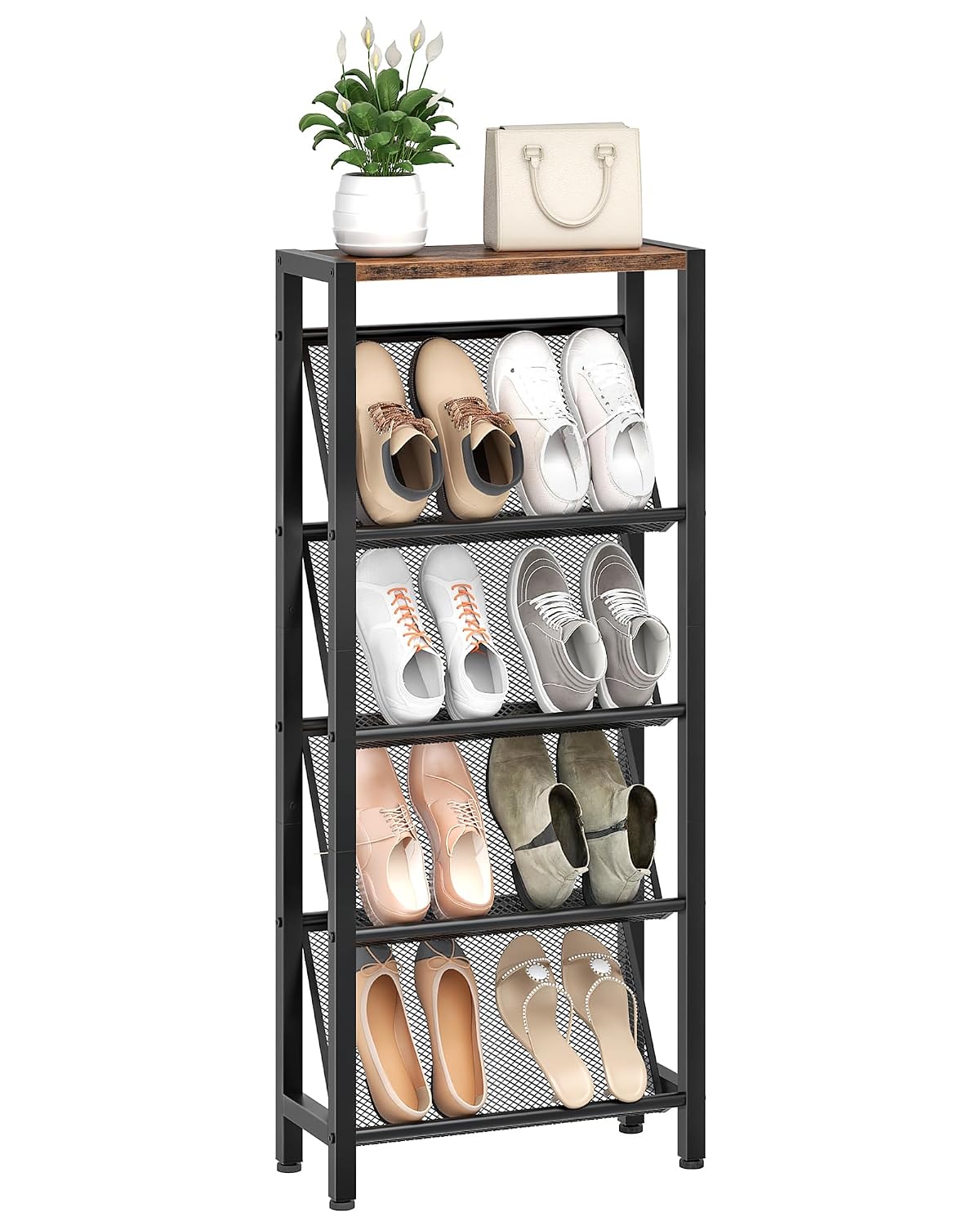 Shoe Rack, 5-Tier Slanted Shoe Rack, Narrow Shoe Storage Shelf, Slim Shoe Organizer for Entryway, Space-Saving, Wooden Top and Metal Frame, for Entryway, Hallway Rustic Brown and Black TXJ03BF
