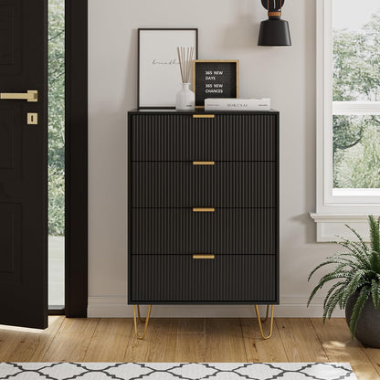 4 Drawer Dresser, Drawer Chest, Tall Storage Chest Cabinet Organizer Unit with Metal Legs, Small Dresser for Bedroom, Living Room, Closet, Hallway Black Stripe