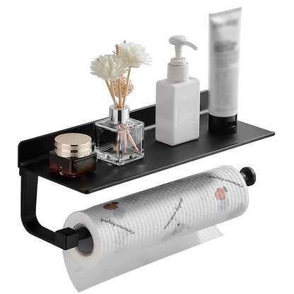 Wall Mount Paper Towel Holder with Shelf for Bathroom/Kitchen, Adhesive Hand Towel Holder, Matte Black