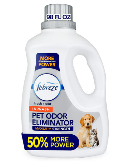 Febreze Laundry Detergent Additive for Pet Supplies, Maximum Strength In Wash Pet Odor Eliminator, Designed to Remove Tough Odors in Fabrics and Clothing in a Single Wash, Fresh Scent, 98 fl oz