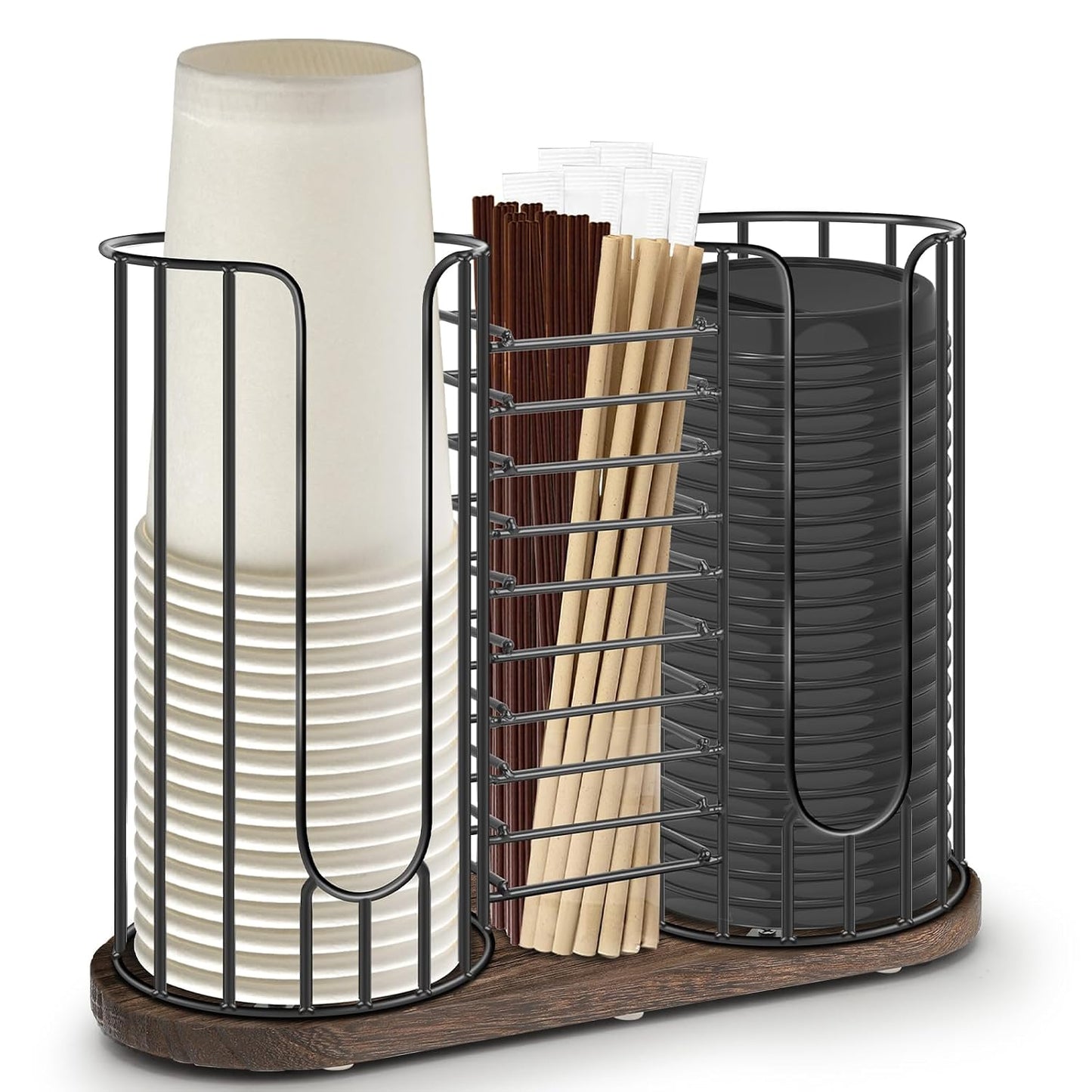 3-Compartment 18oz Coffee Cup Dispenser Rack with Wood Base, Disposable Cup, and Lid Organizer for Countertop - Perfect for Paper Cups, Straws, and Kitchen Cabinet Storage