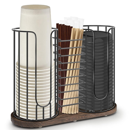 3-Compartment 18oz Coffee Cup Dispenser Rack with Wood Base, Disposable Cup, and Lid Organizer for Countertop - Perfect for Paper Cups, Straws, and Kitchen Cabinet Storage