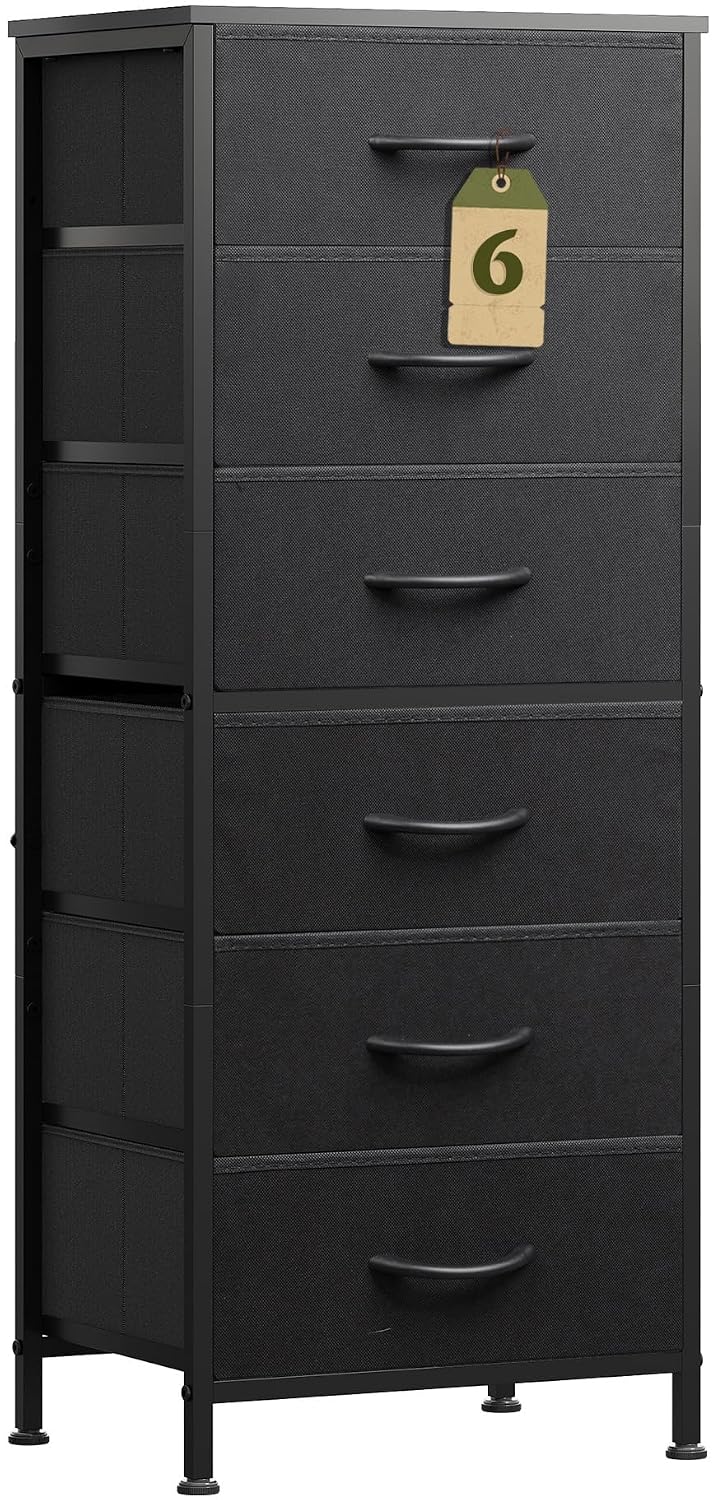 WLIVE Tall Dresser for Bedroom, 6 Drawer Dresser, Black | 6 vertical fabric drawers, Tall vertical design, Bedroom or closet use, Dresser for small spaces, Chest of drawers