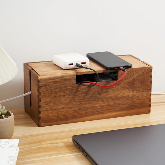 Acacia Wood Cable Management Box, Wooden Cord Hider & Organizer for Power Strip, Electrical Hiding, TV Wires, Desk & Floor Cables - Office Under Desk Cable Storage Box for Wire