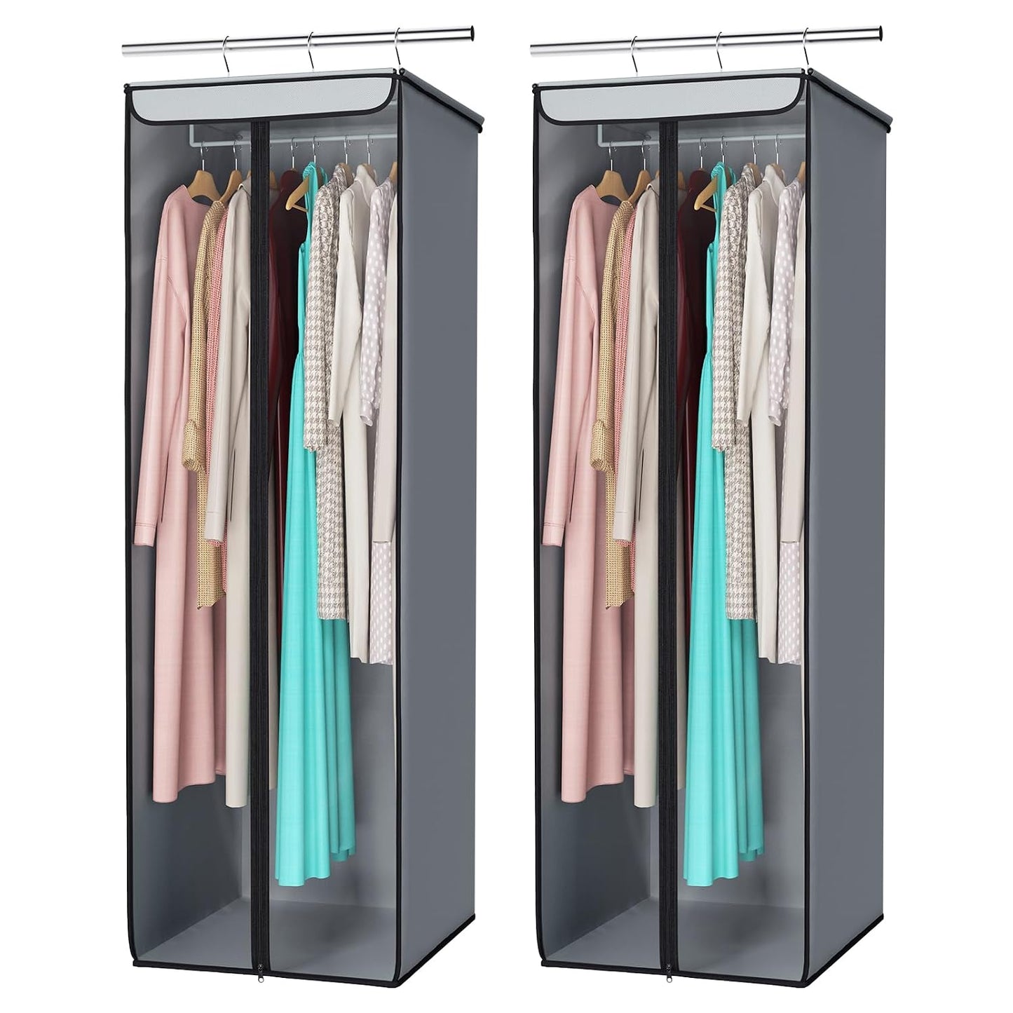 Univivi Garment Bags for Hanging Clothes, Cloth Bag 54 In, 2 PCS, Grey | Large Capacity, Easy Assembly, Clear Window, Dustproof, Durable Zipper, Hanging Garment Storage Bag for Suit, Coat, Dress