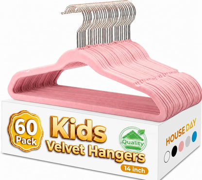 HOUSE DAY Velvet Kids Hangers 60 Pack, Premium Childrens Hangers for Closet | Blush Pink Ultra Thin Cute Clothes Hanger, Non Slip Small Felt Hanger 14 Inch for Kids Clothes +360° Swivel Rose Gold Hook
