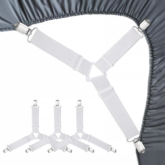 RayTour Bed Sheet Holder Straps Sheet Keepers Bedsheet Holders Fasteners 2 Sets | Eight adjustable three-clip holders secure two fitted sheets; wide elastic straps help keep each bed's four corners in place.