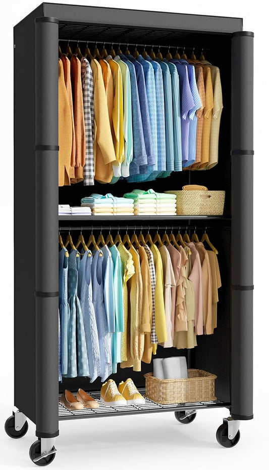 Sakugi Clothes Rack with Cover, Wardrobe Closet, 35.4" x17.7" x79.7", Iron | Bedroom, Dorm, Apartment, Open Front, Heavy Duty, Lockable Wheels, Rust-Resistant, Black