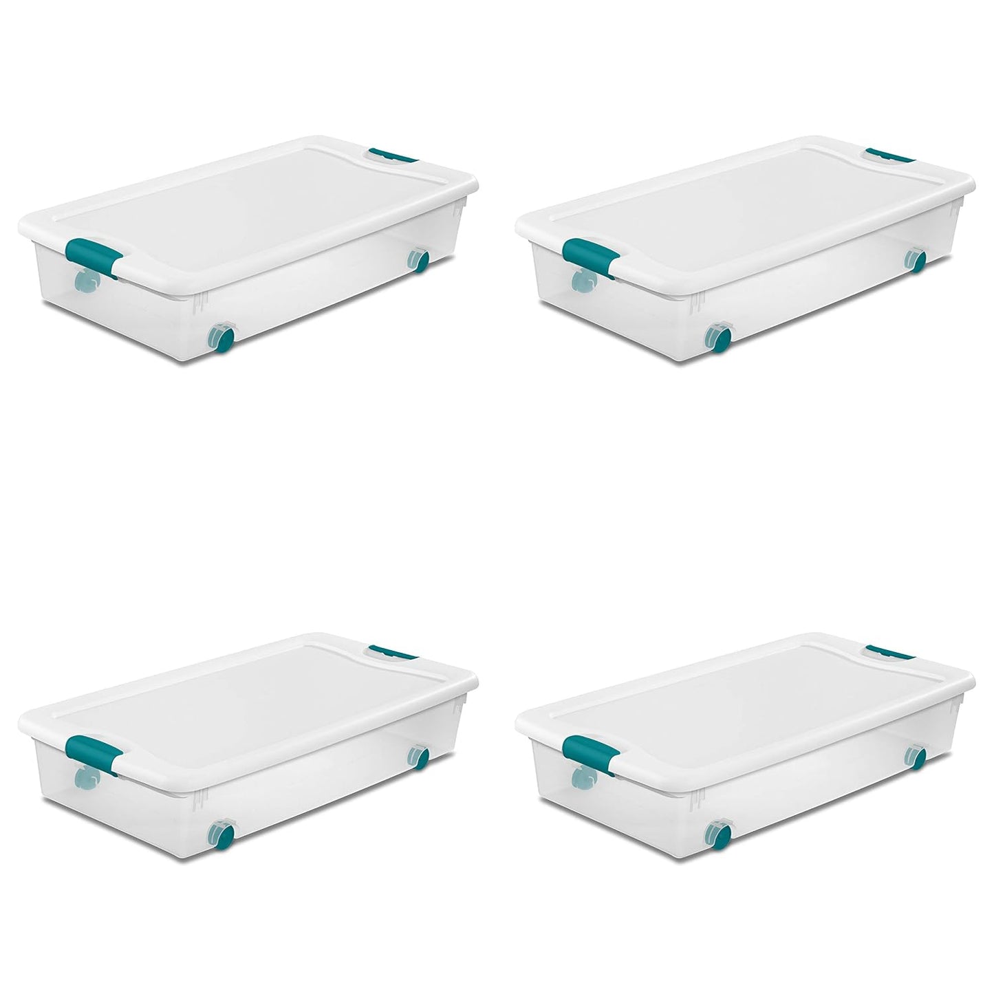 Sterilite 4-Pack 56 Quart Wheeled Latching Box, Underbed Clear Plastic Storage Organizer - Under Bed Rolling Container Bin with Lid and Wheels for Home or Dorm Bedrooms and Closets
