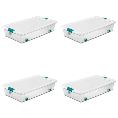 Sterilite 4-Pack 56 Quart Wheeled Latching Box, Underbed Clear Plastic Storage Organizer - Under Bed Rolling Container Bin with Lid and Wheels for Home or Dorm Bedrooms and Closets