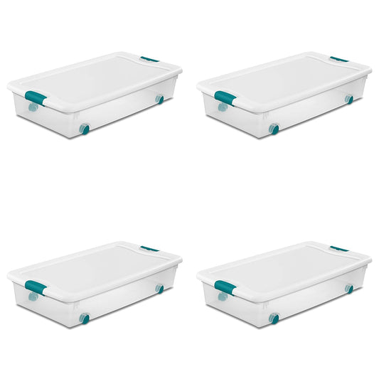 Sterilite 4-Pack 56 Quart Wheeled Latching Box, Underbed Clear Plastic Storage Organizer - Under Bed Rolling Container Bin with Lid and Wheels for Home or Dorm Bedrooms and Closets