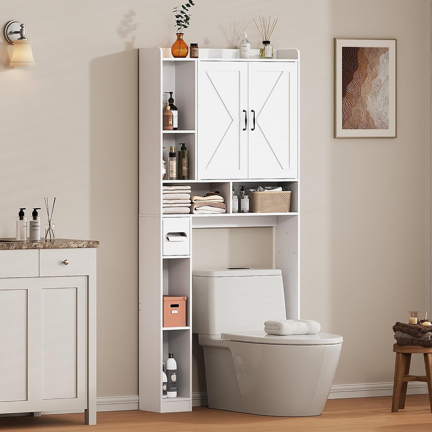 Over the Toilet Storage Cabinet, 31”W Bathroom Organizer | With Double Doors, Above Toilet Rack, Detachable Toilet Paper Holder for Bathroom & Laundry Room White
