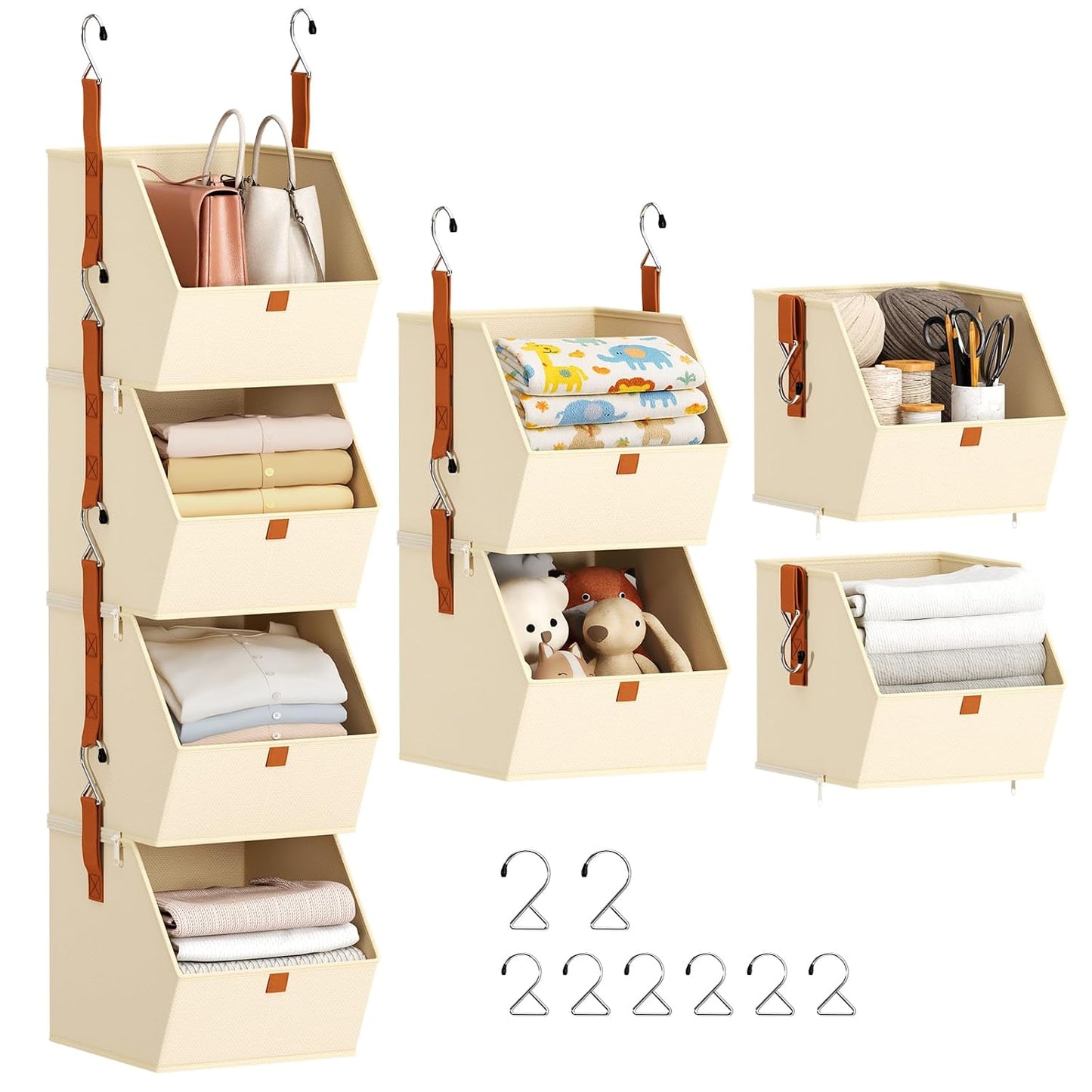 Hanging Closet Organizer 4 Tier - Clothes Hanging Shelves, Space-Saving Closet System, Fabric Storage Bins Bedroom Organization, Collapsible Baskets for Home, Dorm, Rv, Beige