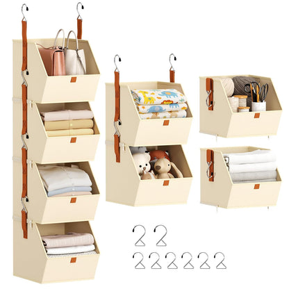 Hanging Closet Organizer 4 Tier - Clothes Hanging Shelves, Space-Saving Closet System, Fabric Storage Bins Bedroom Organization, Collapsible Baskets for Home, Dorm, Rv, Beige
