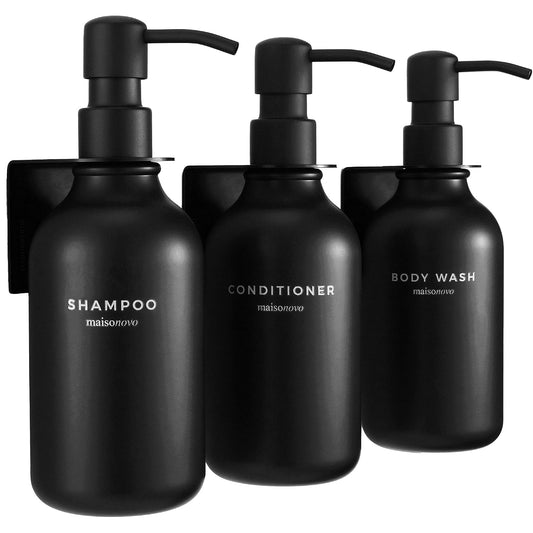 Shampoo and Conditioner Dispenser Wall Mounted Set of 3 Black | 500 ml Shower Gel Dispenser Set of 3. Refillable Shampoo and Conditioner Bottles. Drill Free Secure Design. Black