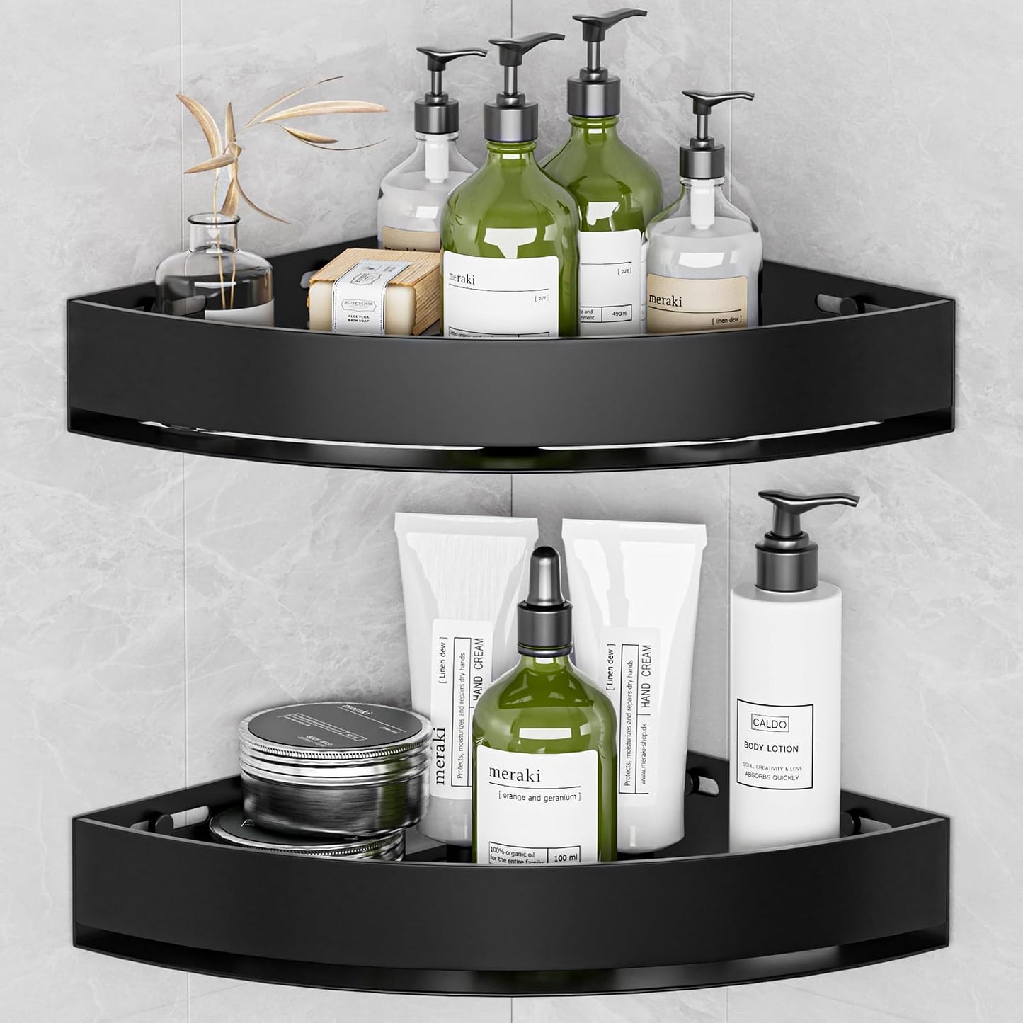 Black Corner Shower Caddy, Triangle Shower Shelf No Drilling, Metal | Rustproof Aluminium, Adhesive & Drill Installation, Wall Mounted, 2 Pack, Bathroom Shampoo Holder for Toiletries