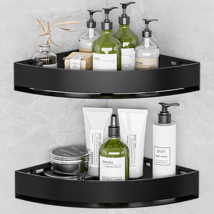 Black Corner Shower Caddy, Triangle Shower Shelf No Drilling, Metal | Rustproof Aluminium, Adhesive & Drill Installation, Wall Mounted, 2 Pack, Bathroom Shampoo Holder for Toiletries