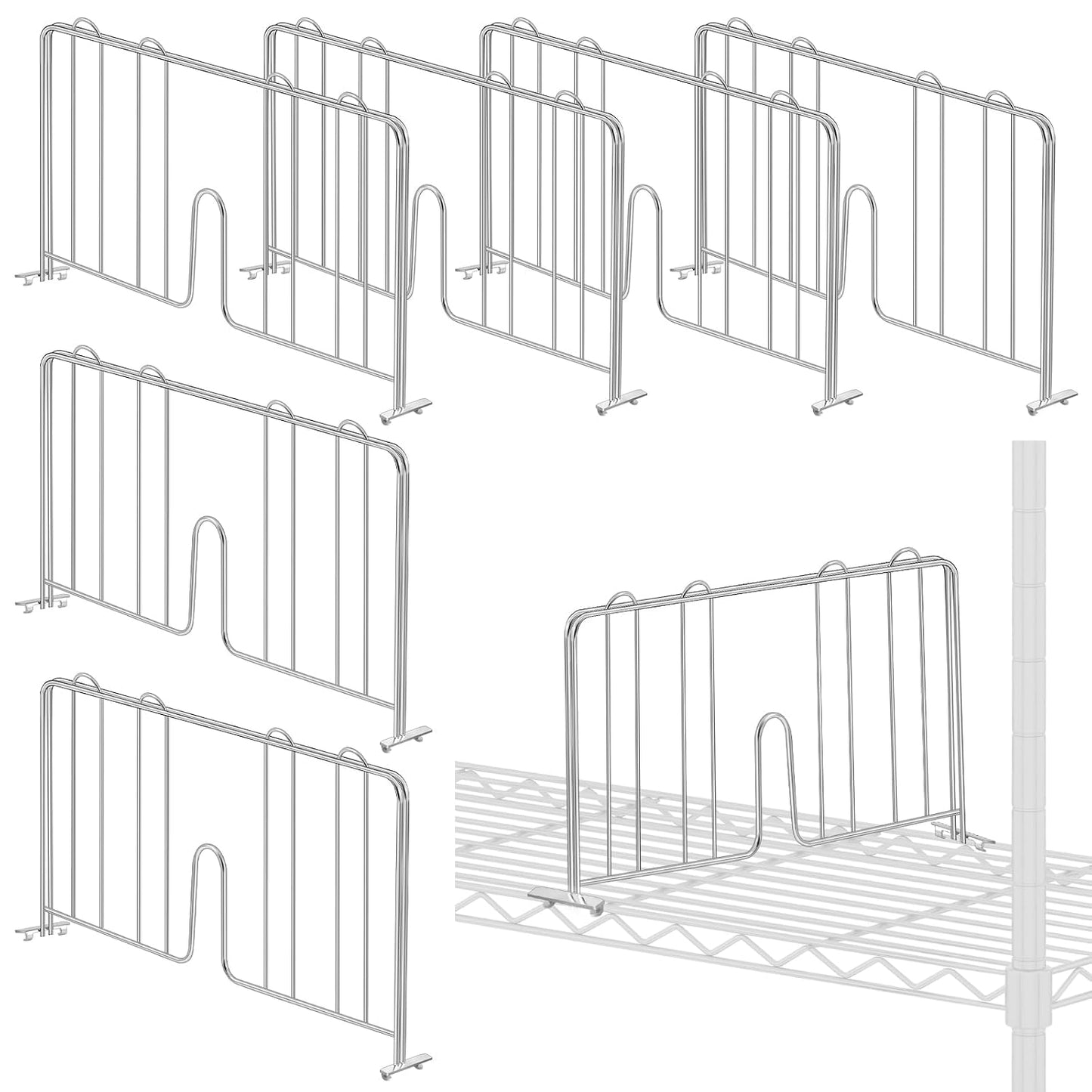6 Pcs 18" W x 9" H Wire Shelf Divider Chrome Plated Steel Wire Rack Divider for Shelving Metal Accessories for Bathroom Kitchen Office Pantry Room Storage Organization, Silver