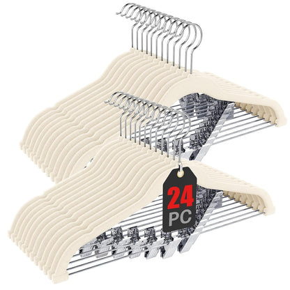 Korpai 24-Pack Beige Velvet Hangers with Clips Adjustable,Adult Hangers,Outfit Hangers,Heavy-Duty,Non-Slip,Space Saving, Felt Hanger for Pants, Skirts, Suits,Coats, Dresses ect.