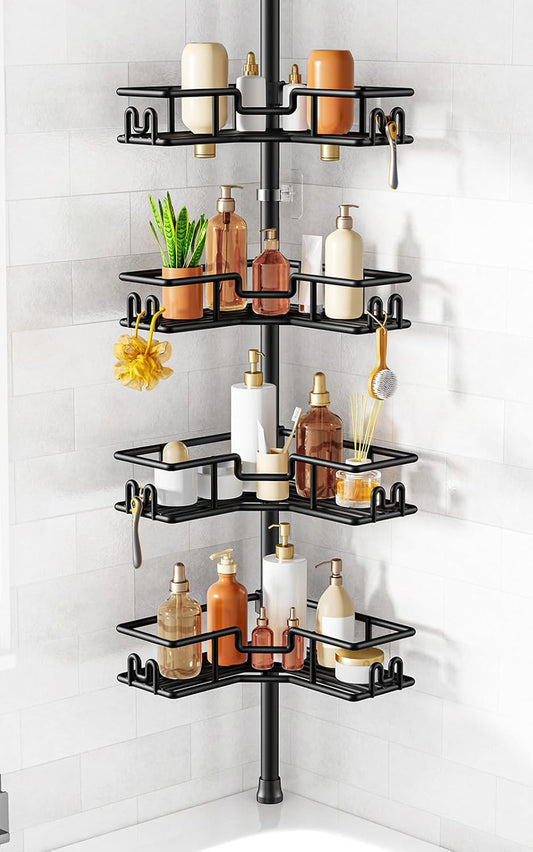 Shower Caddy Tension Pole: 4-Tier Adjustable Corne... (Black | Metal)