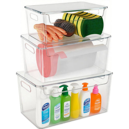 3 Pack Trash Bag Organizer Under Sink, Stackable Plastic Garbage Bags Holder with Lid, Trash Bag Dispenser Roll Storage for Kitchen, Pantry & Laundry Room Organization