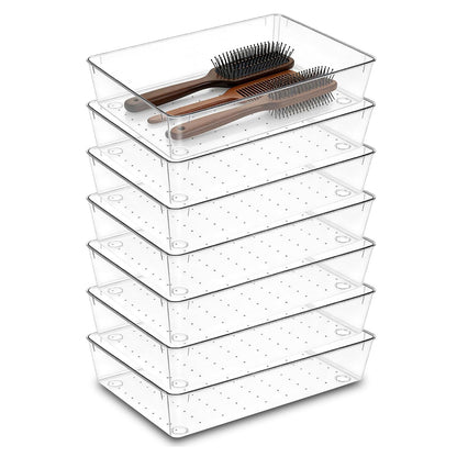 7Pack 6"*9" Clear Drawer Organizers for Makeup, Vanity, Office | Acrylic Organizer Trays for Bathroom, Nightstand, Junk for Kitchen Drawer, Versatile Plastic Drawer Divider Storage Bins