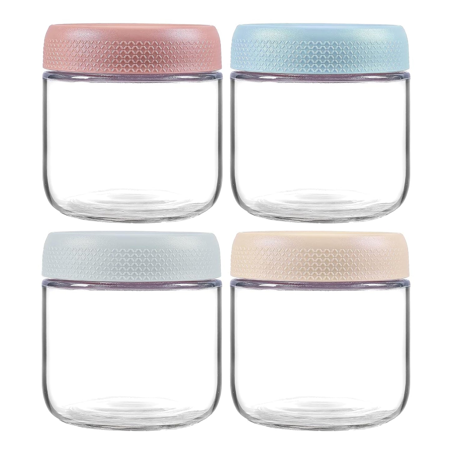 4 Pack Glass Clear Storage Canister with Airtight Lid, 12oz Overnight Oats Containers, Small Cute Decorative Pantry Jar for Snacks, Yogurt, Cereal, Fruit, Salad, Spice, Sugar, Coffee, Tea